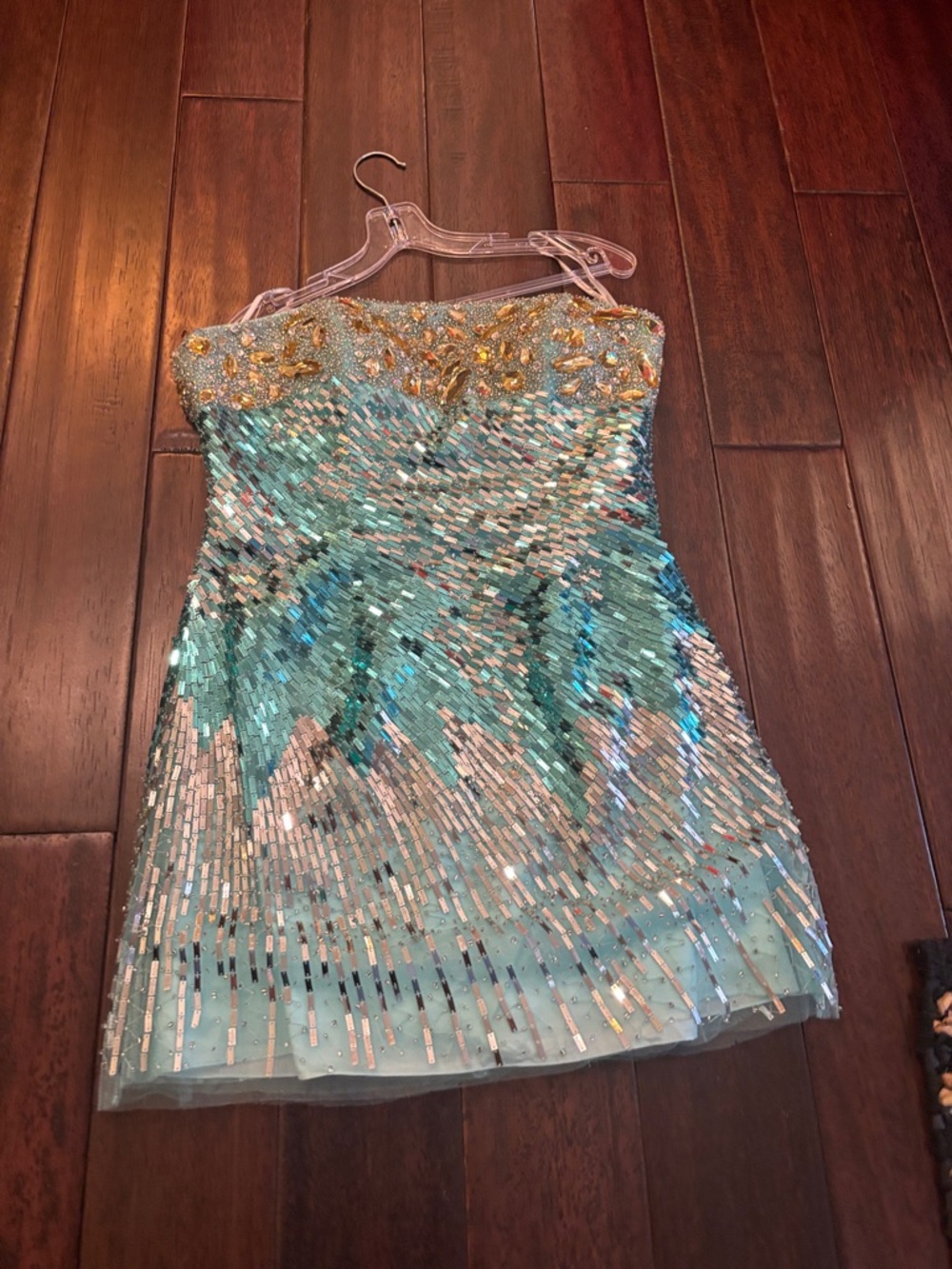 Sherri Hill Mint Sequin Strapless Dress with Gold Jewel Bodice